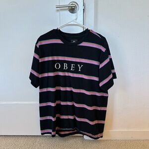 OBEY MEN'S BLACK PURPLE CORAL TEAL STRIPED T-SHIRT